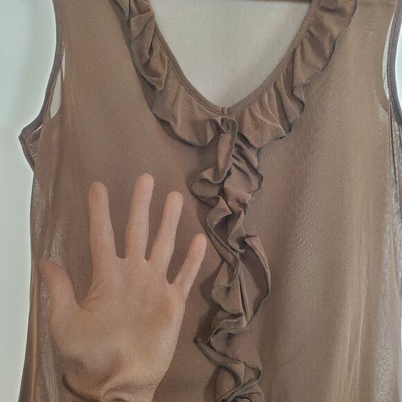 Vintage 90s Y2K Mesh Ruffle Tank Chocolate Brown Medium - Picture 8 of 10